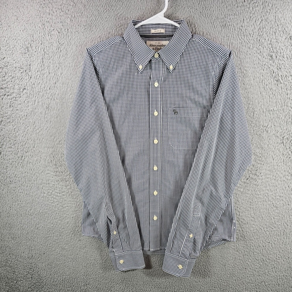 Abercrombie & Fitch‎ Mens Muscle Fit Gingham Button Down Shirt Navy Blue White M